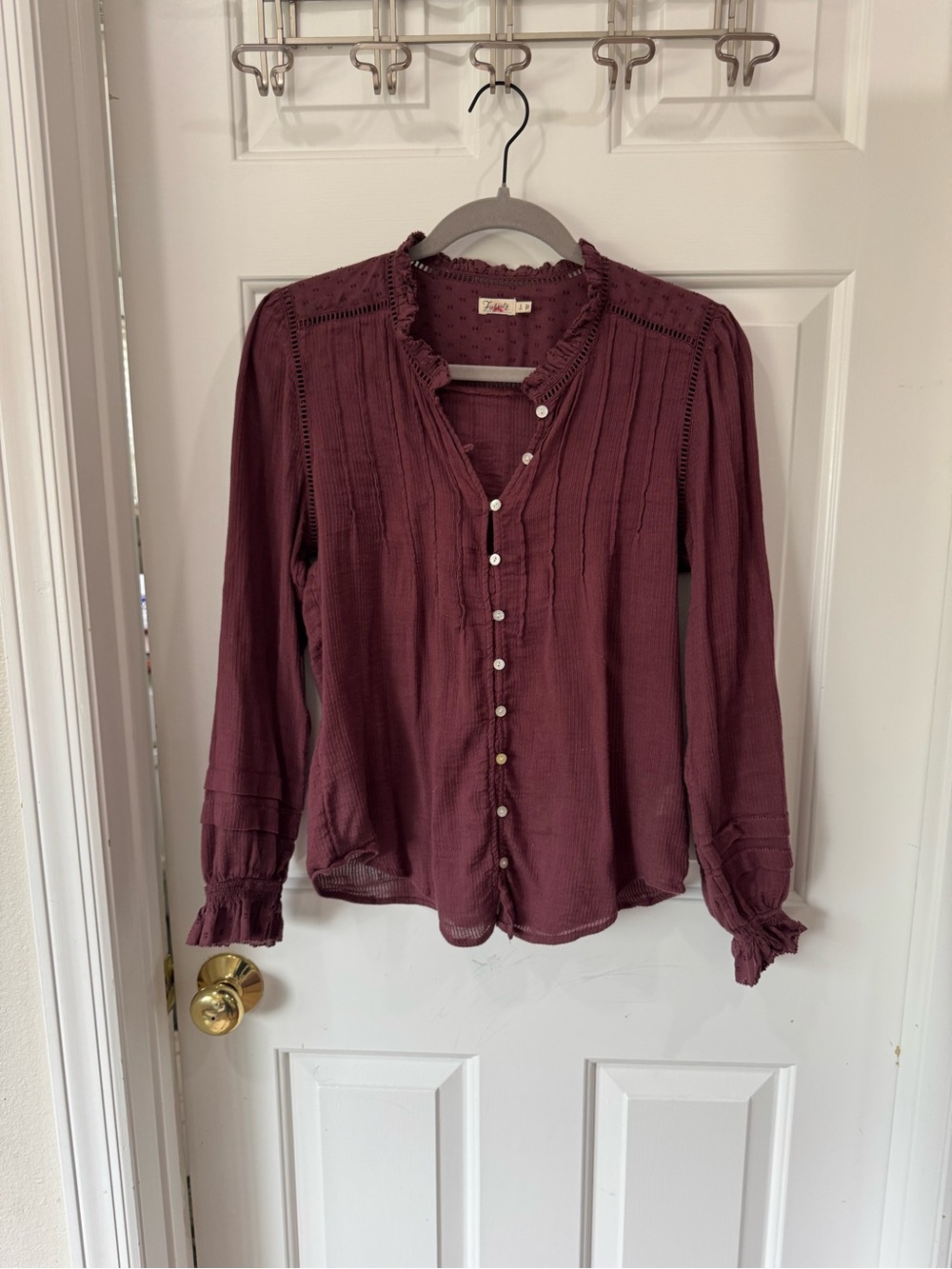 Faherty Button-Front Ruffled Yoke Blouse in Plum - Picture 6 of 7
